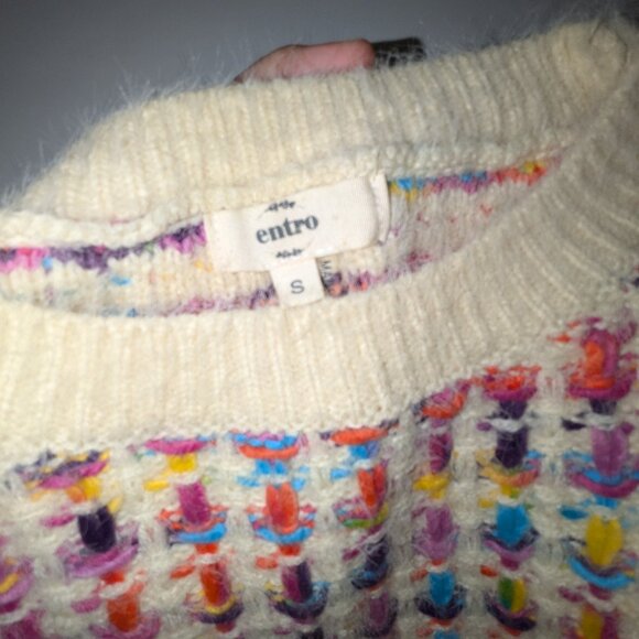 Chunky Knit Pullover Sweater Rainbow Checkered Fuzzy SZ Small - Picture 8 of 9